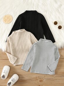 SHEIN 男女嬰兒/幼兒 3件組秋冬保暖內裡加厚休閒百搭可愛純色與條紋立領長袖T恤多件套裝，嬰兒冬季T恤上衣 - 黑與白 - 查看 3