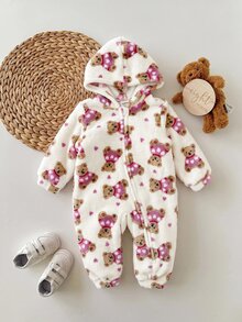 SHEIN 女嬰秋冬款卡通熊圖案毛絨連帽連身衣 - 米色 - 查看 5