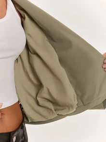 SHEIN BAE 女款秋季高端翻領短款寬鬆修身長袖休閒風衣，橄欖綠，適合日常出遊與旅行 - 軍綠色 - 查看 8