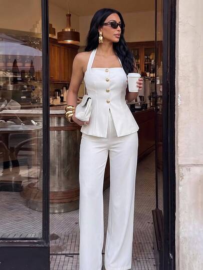 Silquee Conjunto elegante de chaleco halter de metal de un solo pecho y pantalones de unicolor para mujer, atuendo de oficina para mujer, conjunto de ropa de trabajo elegante y a medida para mujer