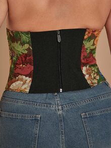 SHEIN BAE CURVE 大尺碼女款提花不對稱下擺抹胸上衣 巧克力棕色 夏季性感優雅 1950年代復古風 適合派對、晚宴、約會之夜、電音派對 - 黑色 - 查看 8