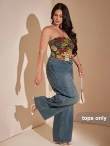 SHEIN BAE CURVE 大尺碼女款提花不對稱下擺抹胸上衣 巧克力棕色 夏季性感優雅 1950年代復古風 適合派對、晚宴、約會之夜、電音派對 - 黑色 - 查看 4