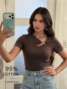 Anewsta Women's Elegant 95% Cotton Coffee Brown Asymmetrical Neckline Short Sleeve Slim Fit T-Shirt, Simple Casual Versatile For Summer And Autumn - Coffee Brown - View 7