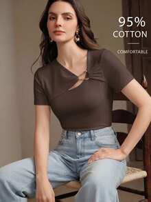 Anewsta Women's Elegant 95% Cotton Coffee Brown Asymmetrical Neckline Short Sleeve Slim Fit T-Shirt, Simple Casual Versatile For Summer And Autumn - Coffee Brown - View 3