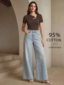 Anewsta Women's Elegant 95% Cotton Coffee Brown Asymmetrical Neckline Short Sleeve Slim Fit T-Shirt, Simple Casual Versatile For Summer And Autumn - Coffee Brown - View 4