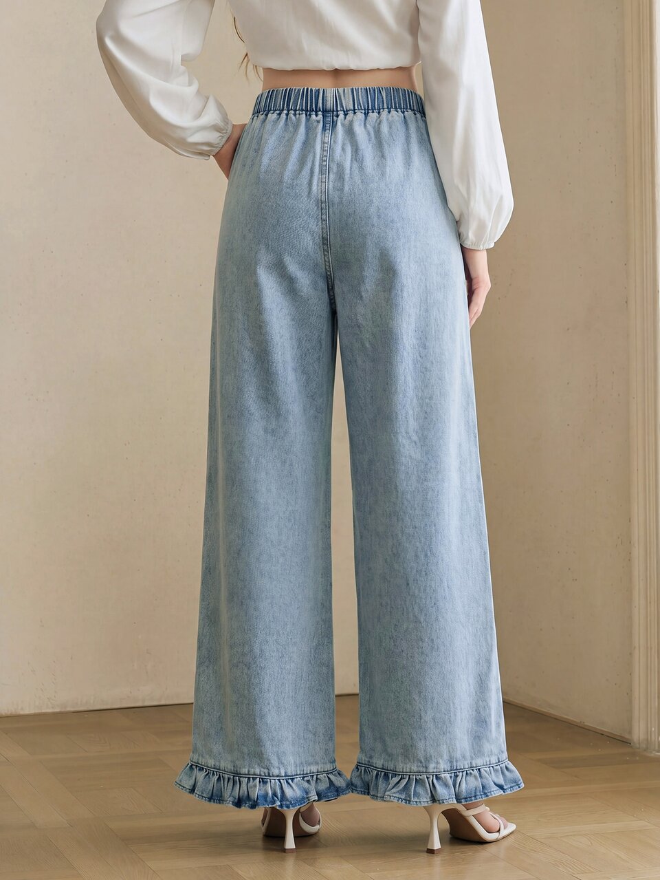 Anewsta Premium Minimalist Pastoral Elegant Women's Designer Jeans, Elastic Waistband Button-Front Lace Hem Design YK2 Campus Style Cute Girl Style Comfortable Loose Versatile Blue And White Women's Jeans