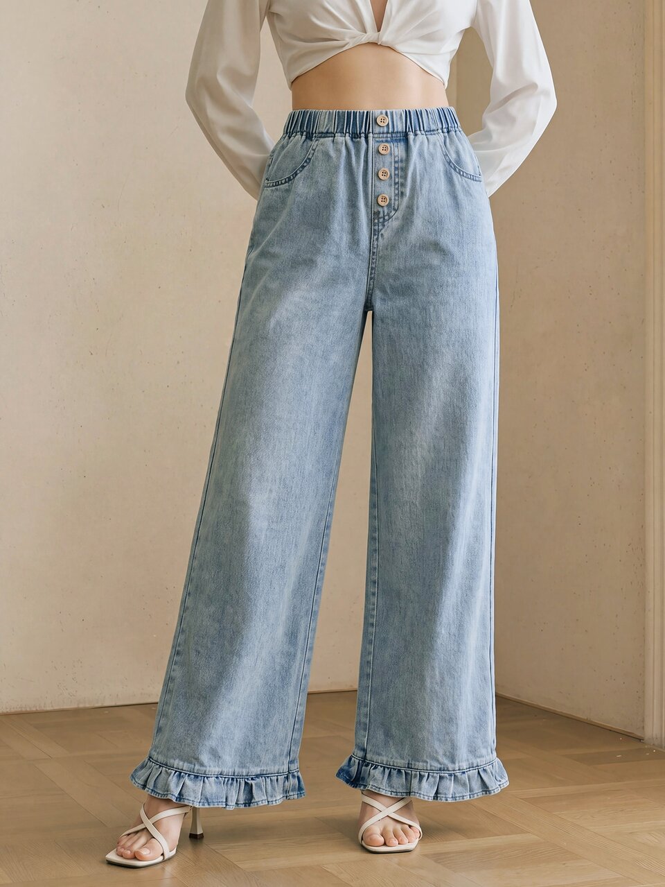 Anewsta Premium Minimalist Pastoral Elegant Women's Designer Jeans, Elastic Waistband Button-Front Lace Hem Design YK2 Campus Style Cute Girl Style Comfortable Loose Versatile Blue And White Women's Jeans