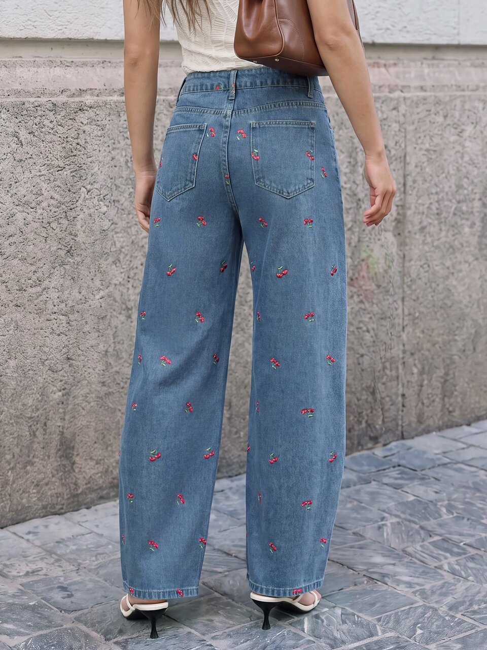 Anewsta Blue Washed Slim Fit Cherry Crescent Moon Design Niche Style Energetic Pure Cute Youthful Preppy Daily Casual Minimalist Jeans