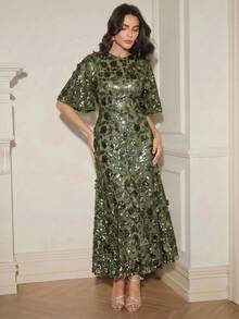 Anewsta Summer, Festival, Resort Wear Women Modern Navy Blue High-End Party Date 3D Floral Mesh Sequin Ruffle Short Sleeve Dress Spring Outfits For Women Summer Clothes - Green - View 3