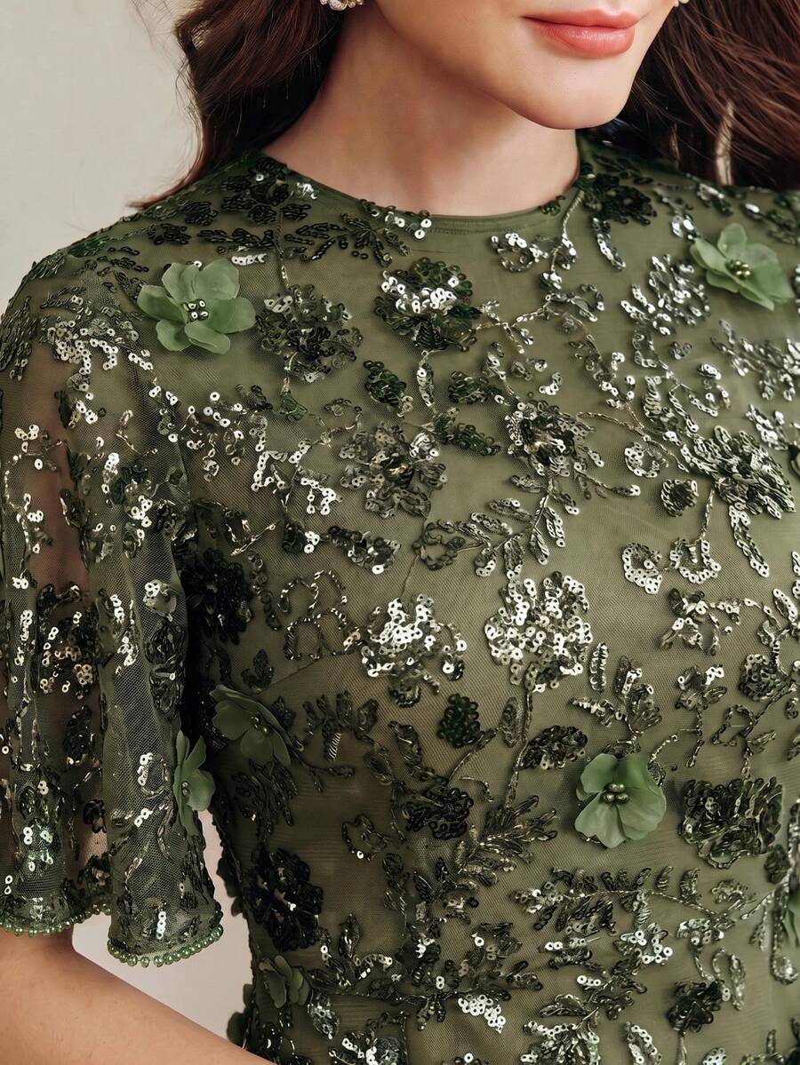 Anewsta Summer, Festival, Resort Wear Women Modern Navy Blue High-End Party Date 3D Floral Mesh Sequin Ruffle Short Sleeve Dress Spring Outfits For Women Summer Clothes - Green - View 1