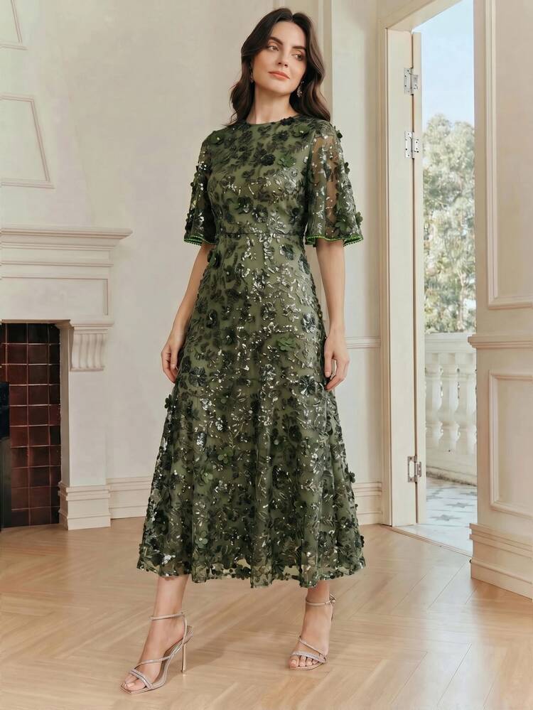Anewsta Summer, Festival, Resort Wear Women Modern Navy Blue High-End Party Date 3D Floral Mesh Sequin Ruffle Short Sleeve Dress Spring Outfits For Women Summer Clothes - Green - View 4