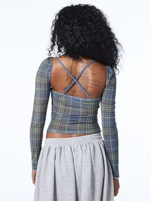 COUREZ Long Sleeve Cut Out Check Mesh Top / Y2K Tops Cute Tops Sexy Tops Fall Clothes For Women Winter Clothes For Women Going Out Tops Holiday Fitted Top - Multicolor - View 3