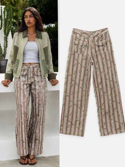 Nöista Denim Wide-Leg Pants, Floral Print And Stripes, Flap Pockets. Casual Chic, Streetwear, College, Everyday. Fall, Autumn, Winter Women's Trousers.