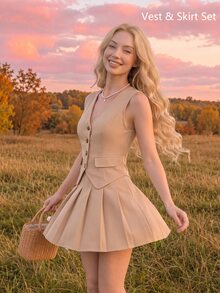 SHEIN MOD Solid Button Front Vest Blazer & Pleated Skirt In Fall/Winter - Apricot - View 4