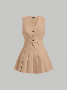 SHEIN MOD Solid Button Front Vest Blazer & Pleated Skirt In Fall/Winter - Apricot - View 3