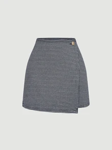 SHEIN MOD 海軍藍格紋 A 字迷你裙，假日派對女款裙子，新年、度假、千鳥格裙 - 藏蓝色 - 查看 5