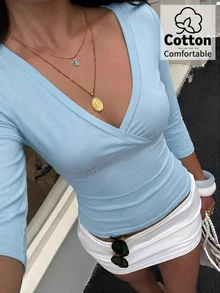 Aloruh Blue-Green V-Neck 3/4 Sleeve Slimming T-Shirt - Baby Blue - View 4