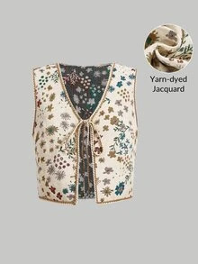 SHEIN MOD Women's Jacquard Belted Vest Boho Jacket, Front Lace-Up, Floral Pattern In Fall/Winter - Baby Pink - View 4