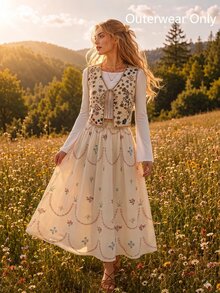 SHEIN MOD Women's Jacquard Belted Vest Boho Jacket, Front Lace-Up, Floral Pattern In Fall/Winter - Baby Pink - View 1