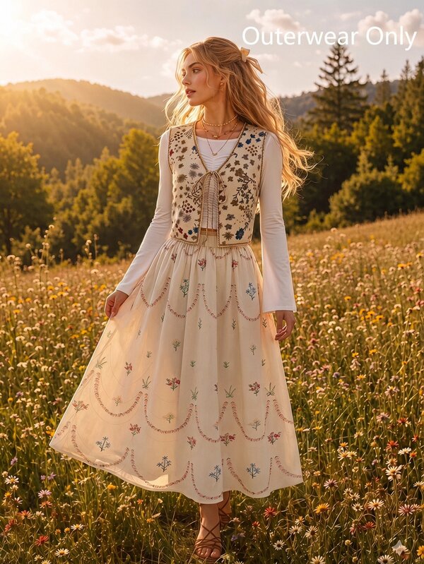 SHEIN MOD ז'קט בוהו עם חגורה בגזרת ז'קארד לנשים, שרוכים מלפנים, דוגמת פרחים, סתיו/חורף