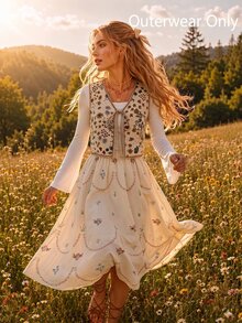 SHEIN MOD Women's Jacquard Belted Vest Boho Jacket, Front Lace-Up, Floral Pattern In Fall/Winter - Baby Pink - View 5