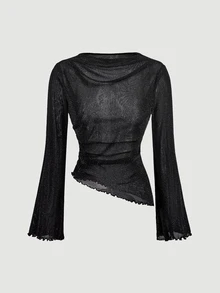 SHEIN MOD 女款 2 件組 酒紅與黑色亮片圓領抓皺喇叭袖收腰不對稱下擺百搭長袖 T-shirt 打底衫 - 紅色和黑色 - 查看 7