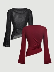 SHEIN MOD 女款 2 件組 酒紅與黑色亮片圓領抓皺喇叭袖收腰不對稱下擺百搭長袖 T-shirt 打底衫 - 紅色和黑色 - 查看 3