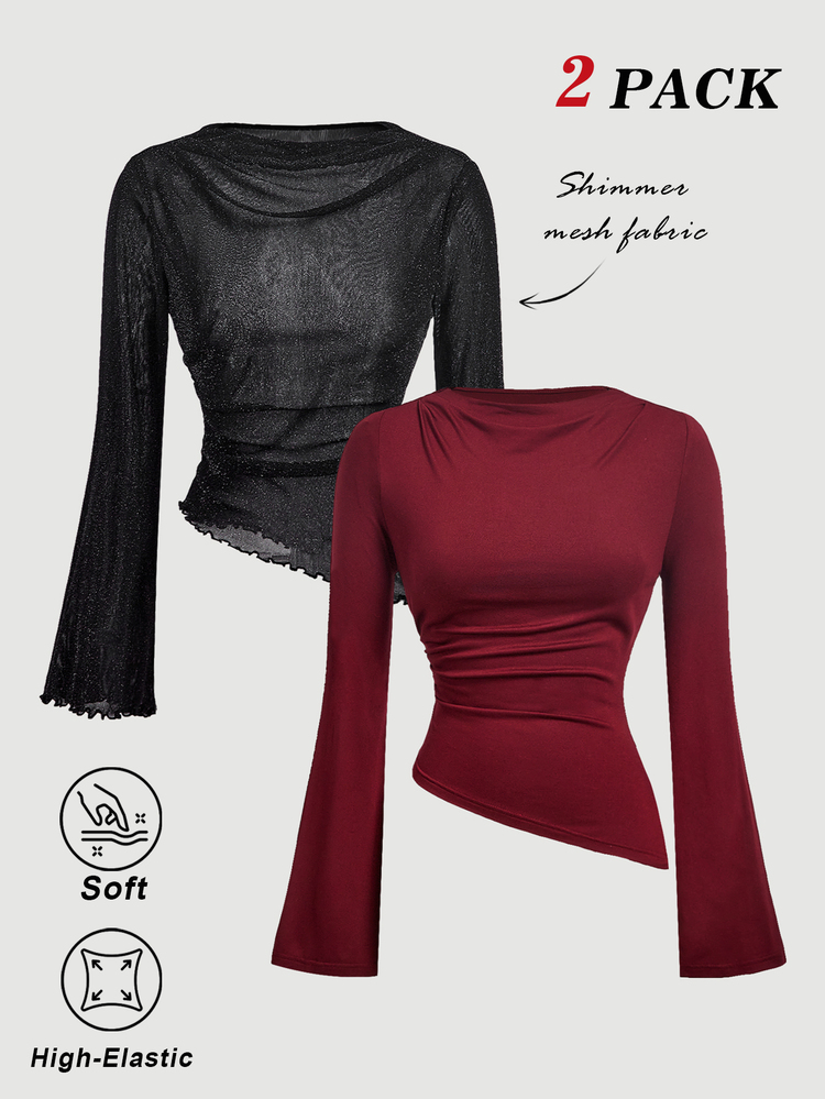 SHEIN MOD Women's 2pcs Burgundy & Black Sequin Round Neck Ruched Flare Sleeve Gathered Waist Asymmetrical Hem Versatile Long Sleeve T-Shirt Base Layer - Red and Black - View 2