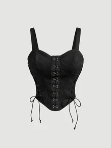 SHEIN MOD 女款復古黑色交叉細肩帶吊帶上衣，外穿、馬甲上衣、返校、秋季女款復古服飾、90年代秋季上衣、鄉村風上衣、修身上衣、單身派對、電音節慶、女款馬甲上衣、演唱會女裝 - 黑色 - 查看 5