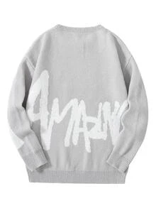 Claim Dot Men's Autumn/Winter Crew Neck Dropped Shoulder Long Sleeve Sweater English Letter Pattern Knitted Pullover Two-Tone Jacquard Loose Fit Grey Graphic - Grey - View 8