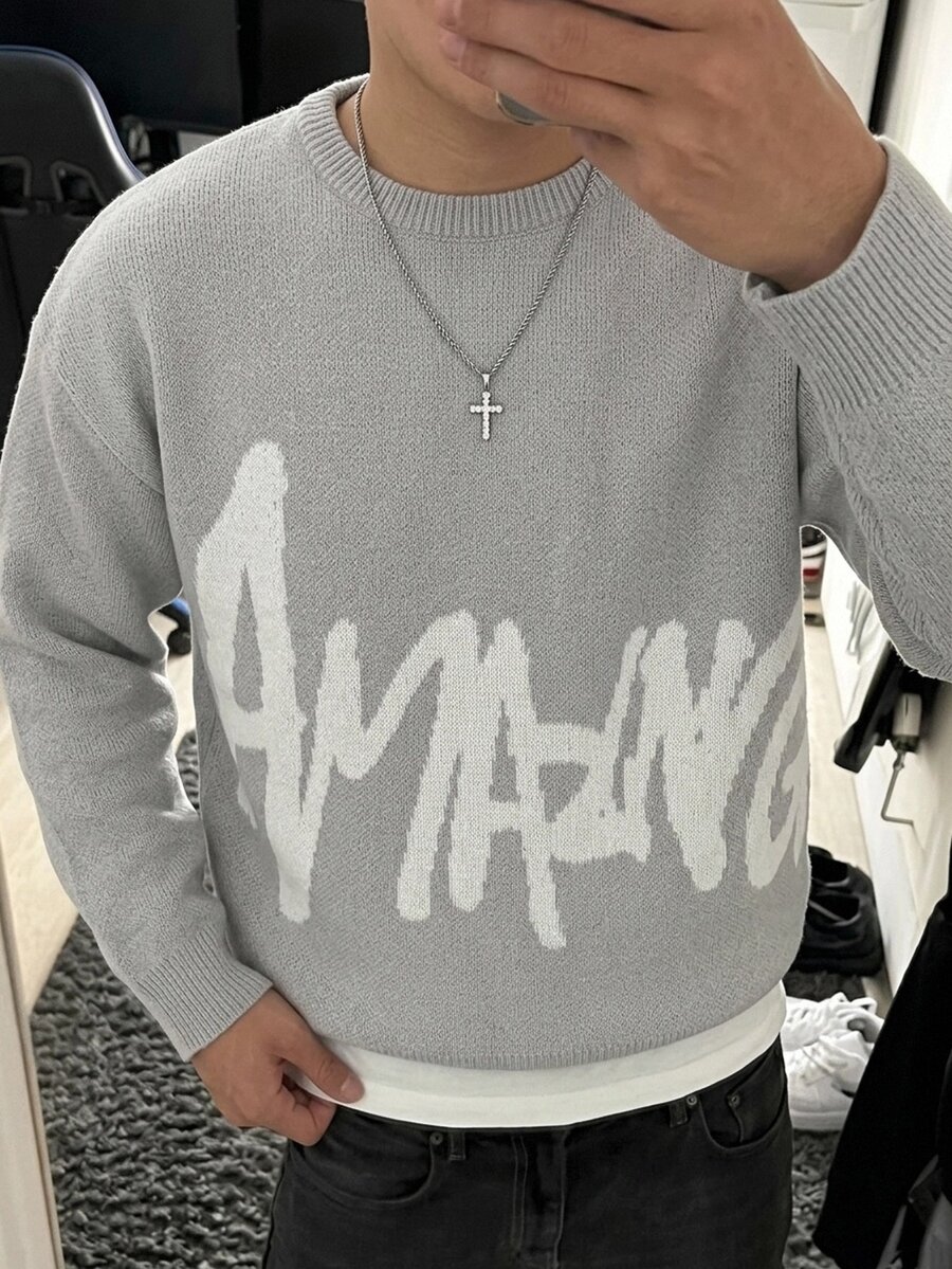 Claim Dot Men's Autumn/Winter Crew Neck Dropped Shoulder Long Sleeve Sweater English Letter Pattern Knitted Pullover Two-Tone Jacquard Loose Fit Grey Graphic - Grey - View 1