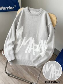Claim Dot Men's Autumn/Winter Crew Neck Dropped Shoulder Long Sleeve Sweater English Letter Pattern Knitted Pullover Two-Tone Jacquard Loose Fit Grey Graphic - Grey - View 2