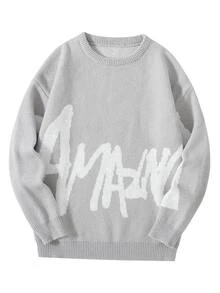 Claim Dot Men's Autumn/Winter Crew Neck Dropped Shoulder Long Sleeve Sweater English Letter Pattern Knitted Pullover Two-Tone Jacquard Loose Fit Grey Graphic - Grey - View 9