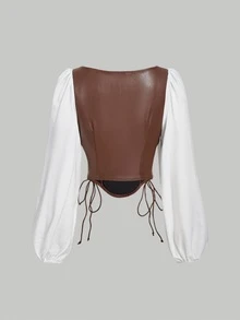 SHEIN MOD 女士棕白PU拼接系带灯笼袖衬衫 - 棕色 - 查看 2