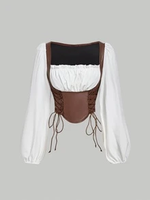 SHEIN MOD 女士棕白PU拼接系带灯笼袖衬衫 - 棕色 - 查看 5