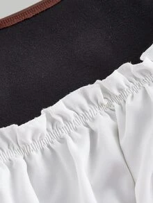 SHEIN MOD 女士棕白PU拼接系带灯笼袖衬衫 - 棕色 - 查看 3