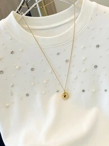 Franclia 女士纯色仿珍珠装饰圆领短袖T恤 - 白色 - 查看 3