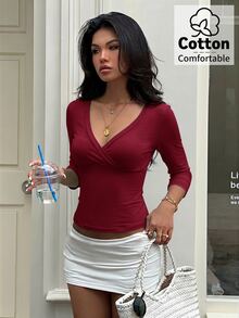 Aloruh Blue-Green V-Neck 3/4 Sleeve Slimming T-Shirt - Burgundy - View 4