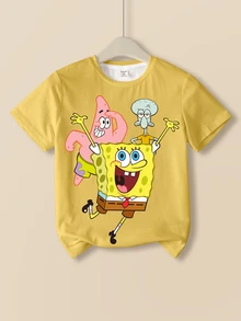 SpongeBob SquarePants | SHEIN Tween Boy Cartoon Print Short Sleeve Casual T-Shirt - White - View 1