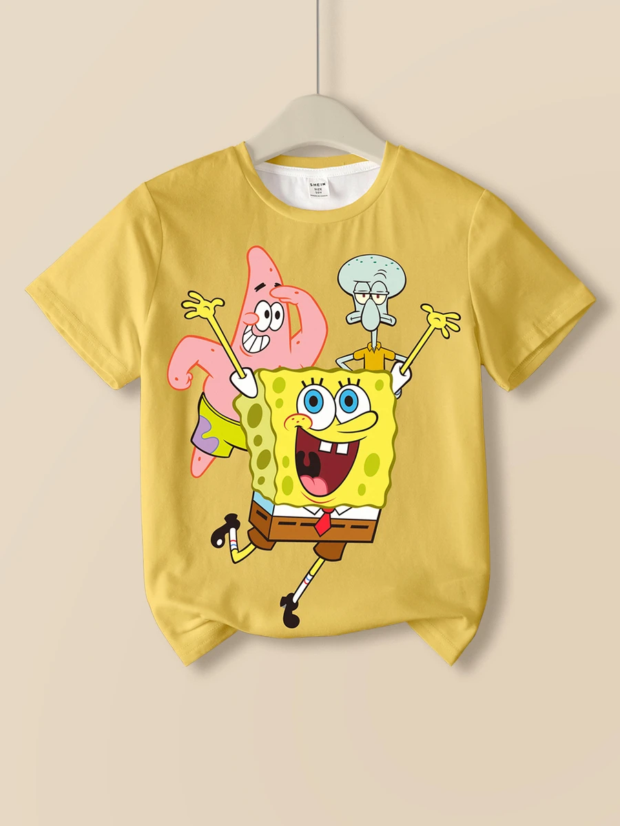 SpongeBob SquarePants | SHEIN Tween Boy Cartoon Print Short Sleeve Casual T-Shirt - White - View 1