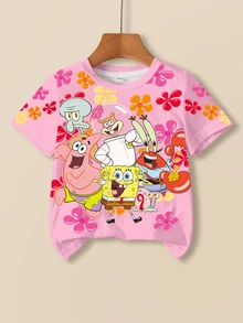 SpongeBob SquarePants | SHEIN 女童圓領短袖休閒百搭T恤 - 白色 - 查看 1
