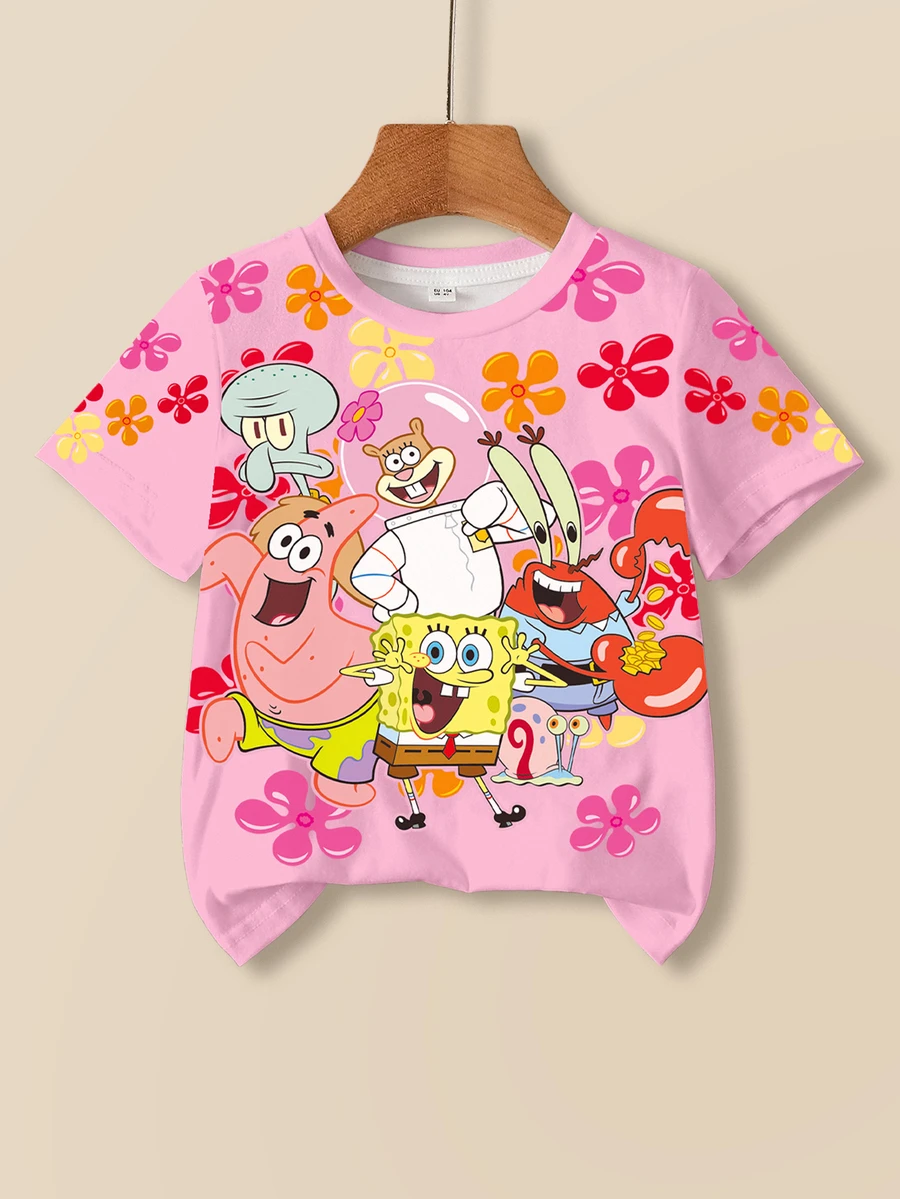 SpongeBob SquarePants | SHEIN 女童圓領短袖休閒百搭T恤 - 白色 - 查看 1
