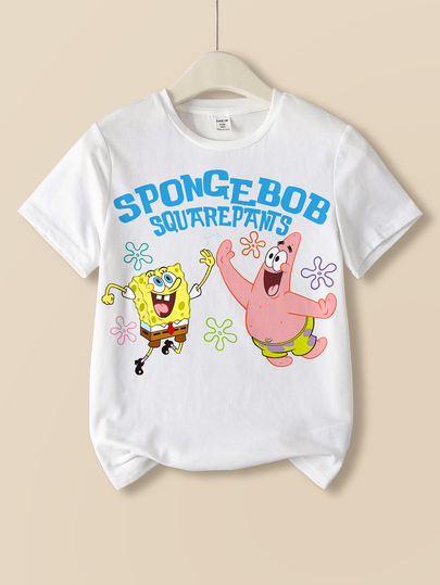 SpongeBob SquarePants | SHEIN Young Boy Letter Cartoon Print Casual Daily Short Sleeve T-Shirt