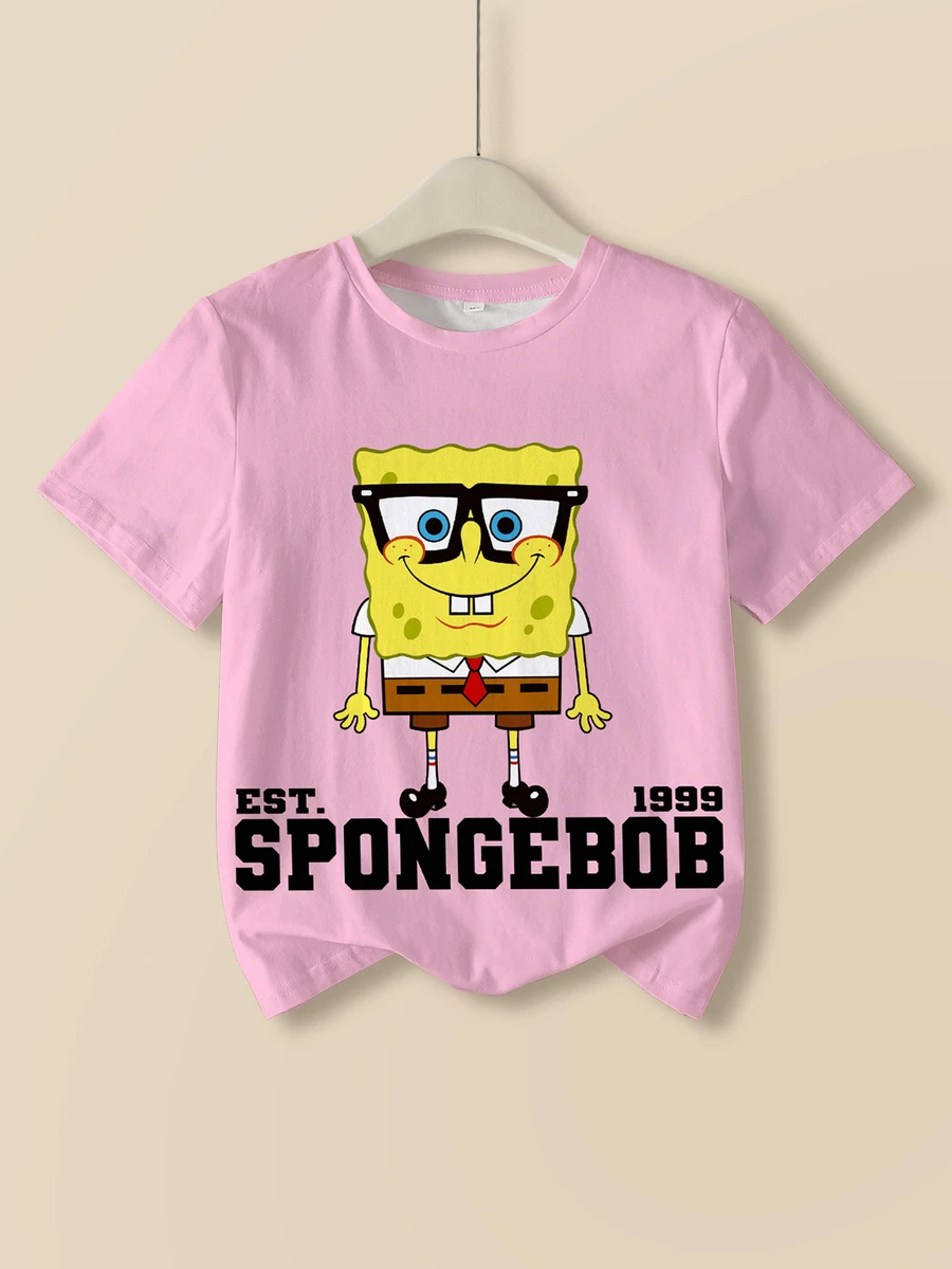 SpongeBob SquarePants | SHEIN تي شيرت كاجوال بطبعة حروف وياقة دائرية وأكمام قصيرة للفتيات المراهقات - أبيض - مشاهدة 1