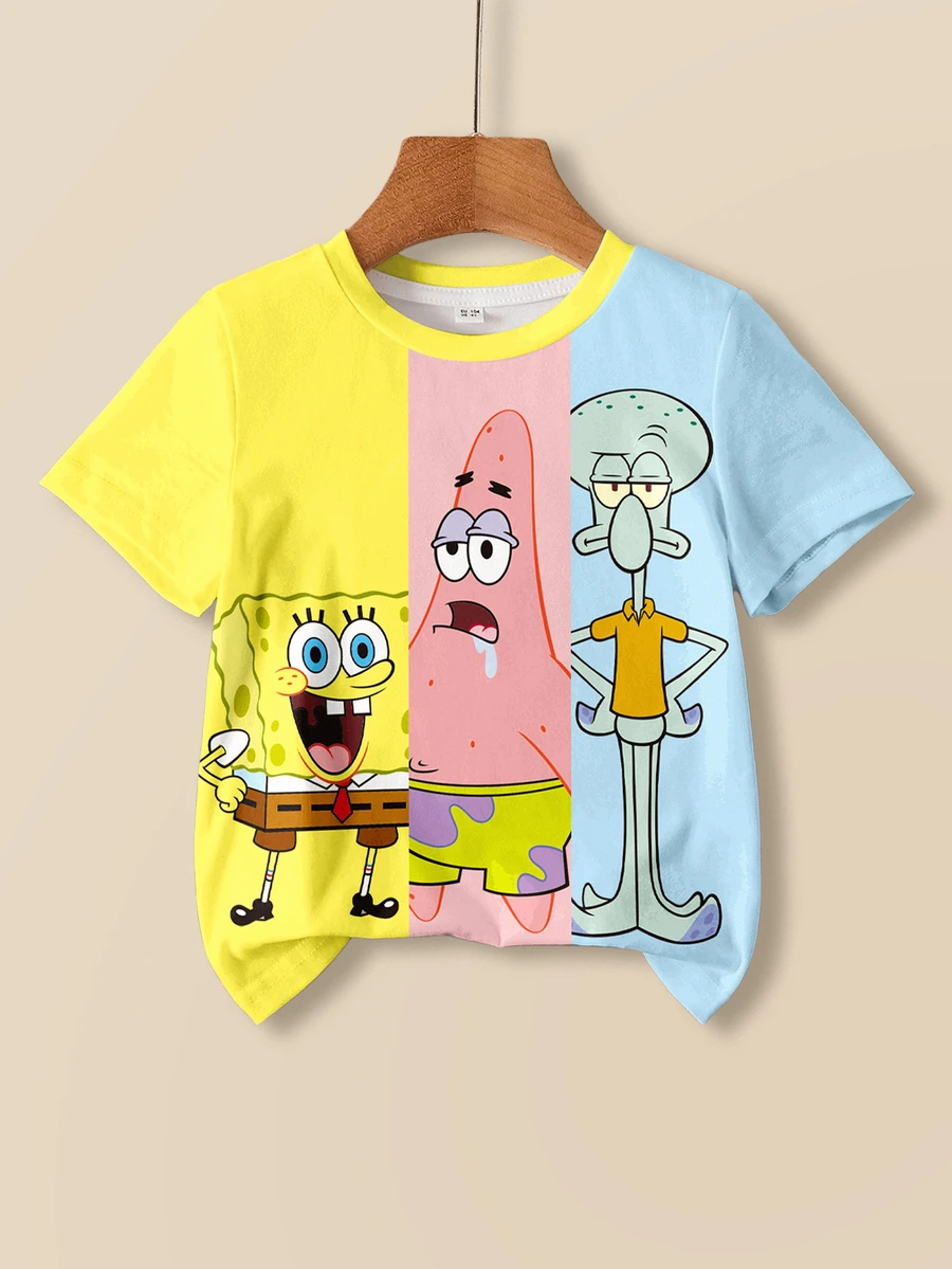 SpongeBob SquarePants | SHEIN Young Boy Colorblock Patchwork Cartoon Print T-Shirt - White - View 1