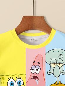 SpongeBob SquarePants | SHEIN Young Boy Colorblock Patchwork Cartoon Print T-Shirt - White - View 3