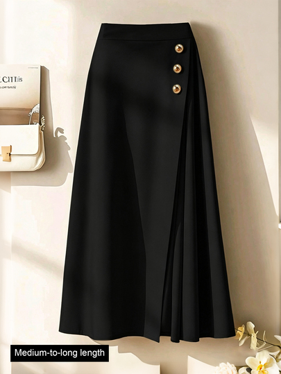 Franclia Fashionable Casual & Commuting Unique Side Button Micro-Pleated A-Line Skirt, Spring/Autumn