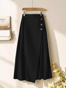 Franclia Fashionable Casual & Commuting Unique Side Button Micro-Pleated A-Line Skirt, Spring/Autumn - Black - View 5