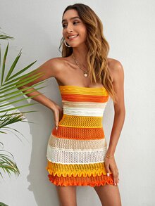 KARISMINA Summer Beach Color Block Lettuce Trim Pointelle Knit Tube Sweater Dress - Multicolor - View 5