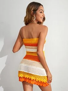 KARISMINA Summer Beach Color Block Lettuce Trim Pointelle Knit Tube Sweater Dress - Multicolor - View 3